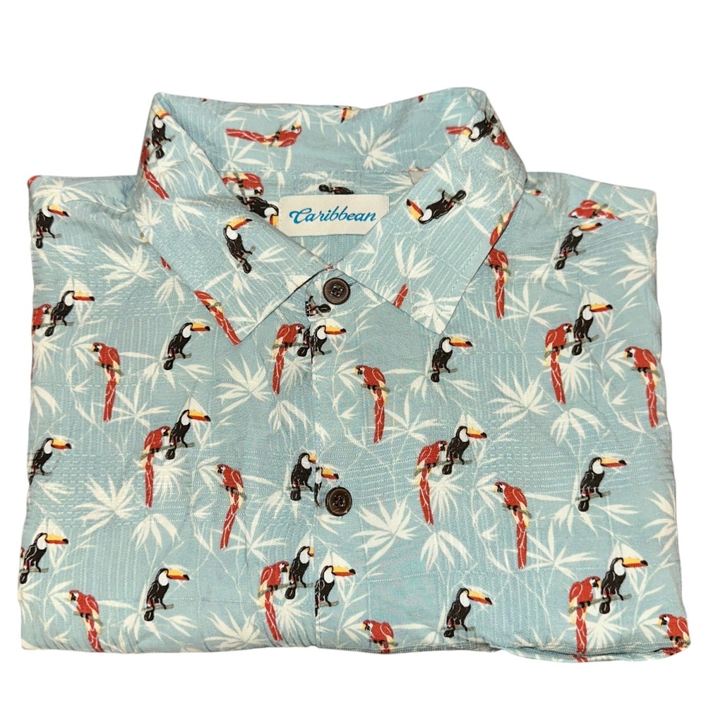 Caribbean Men's XL (Fits XXL) Blue Tropical Bird Rayon Button Down 52" Chest